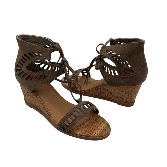 Wedge Taupe Leather Loraine Lace Up Cork Memory Foam Heels Size 7.5 Women's - Picture 1 of 8